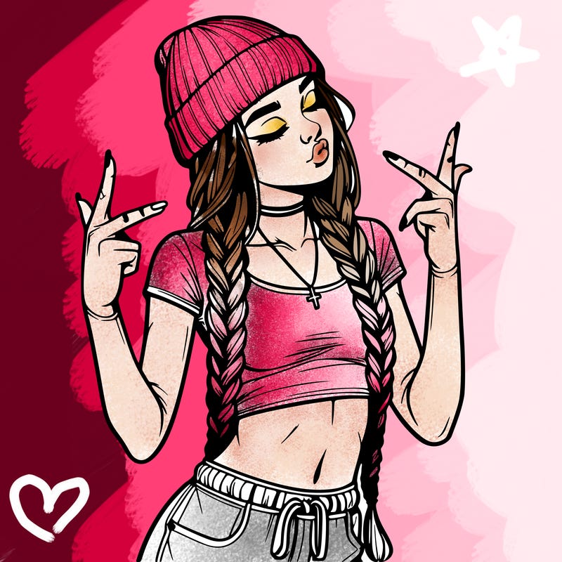 realistic teenage girl with braids and a beanie and crop top doing 🫶🏼