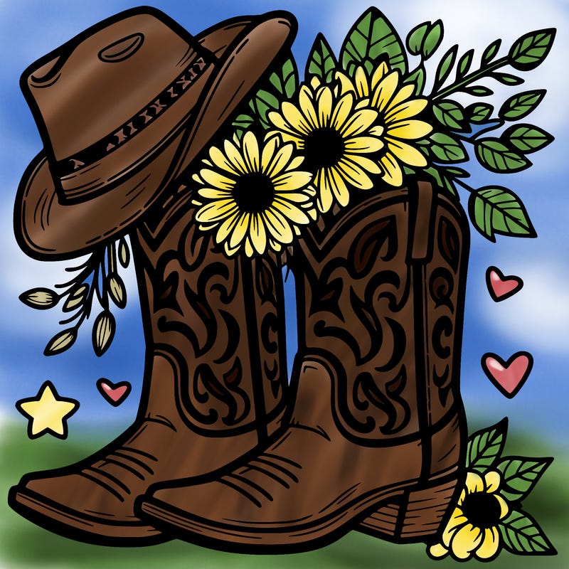 cowboy boots with cowboy hat and flowers