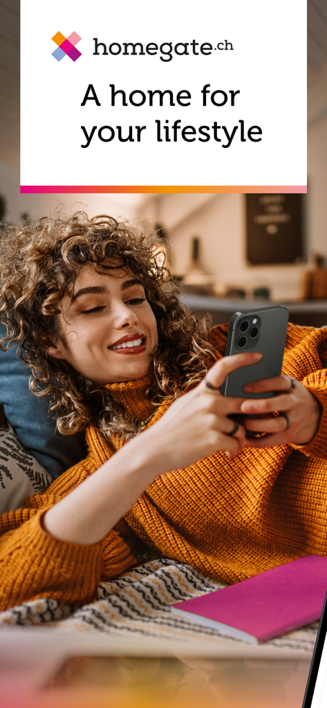 Homegate Swiss real estate - A woman using the Homegate Swiss real estate app on her mobile phone