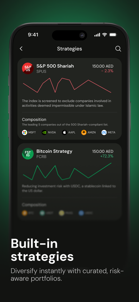 Fasset: Global Digital Bank - Fasset App-Oberfläche, die kuratierte Anlagestrategien für S&P 500 Shariah und Bitcoin zeigt.