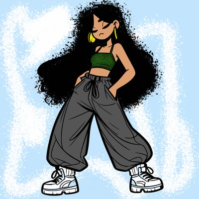 girl in baggy pants crop top and long hair