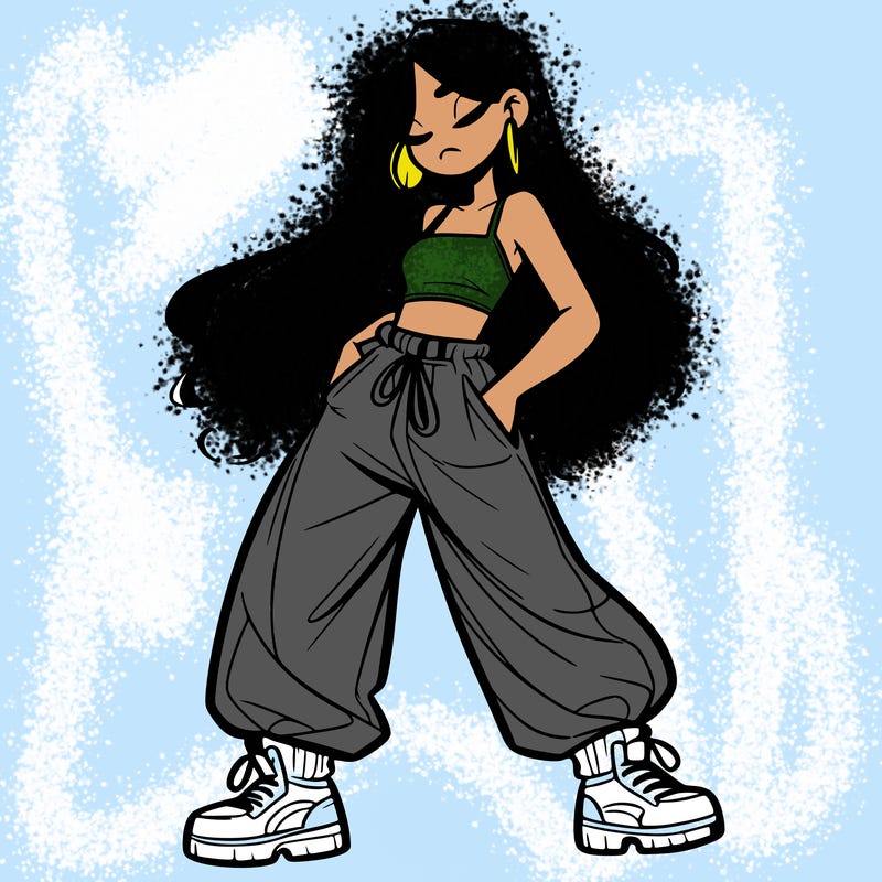girl in baggy pants crop top and long hair