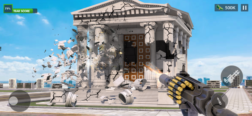 Perspectiva em primeira pessoa de um jogador a disparar uma metralhadora contra um templo de pedra causando destruição baseada em física e detritos