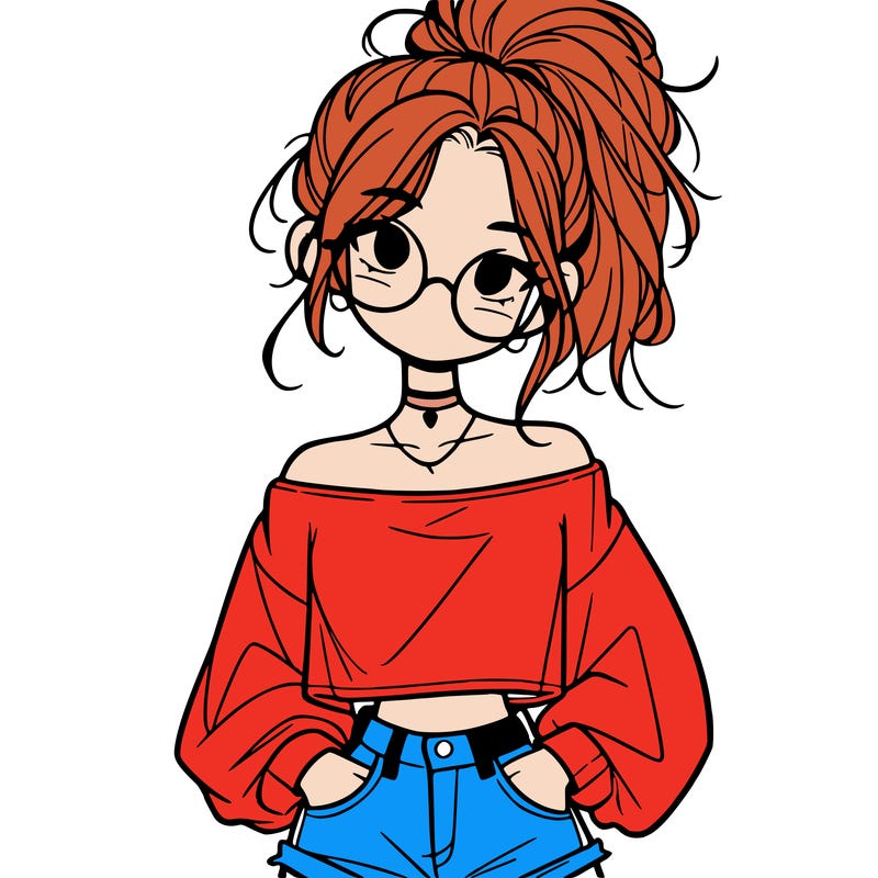 girl with a messy ponytail glasses a baggy crop top and jean shorts