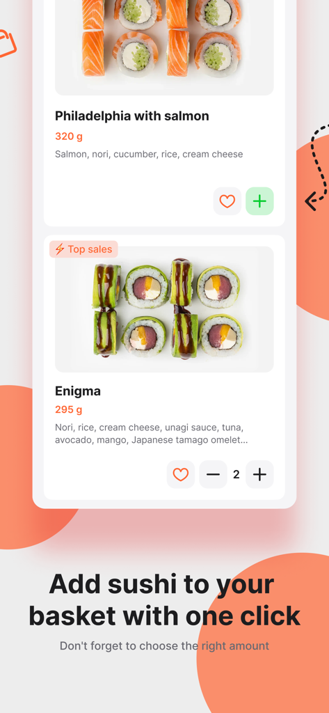 Interface of the Ninja Sushi mobile app showing the Philadelphia and Enigma rolls with options to add them to the basket