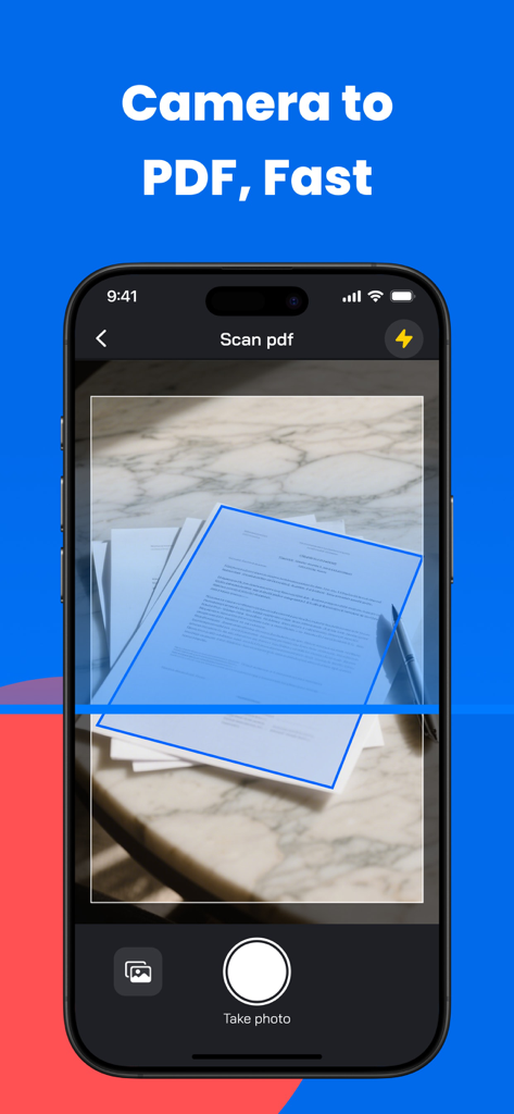 Tidy PDF - AI Scan Edit - A smartphone screen showing the Tidy PDF app scanning a paper document using the camera.