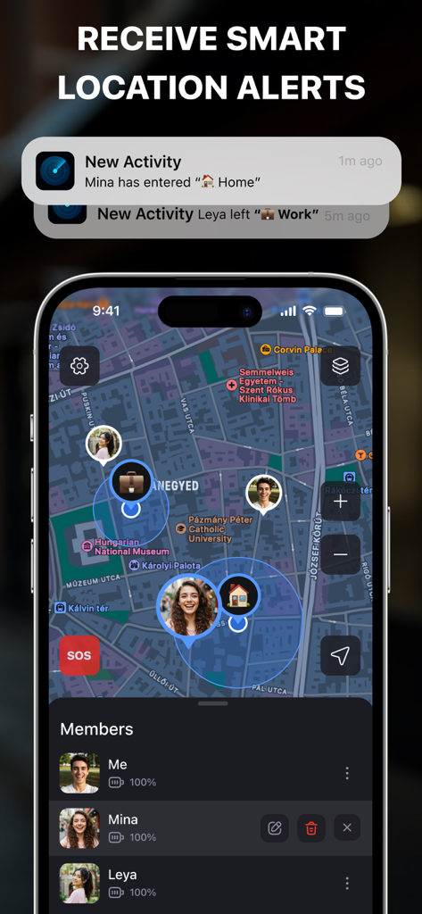 Interfaz de la aplicación móvil mostrando alertas de ubicación familiar en tiempo real y estado de los miembros en un mapa.