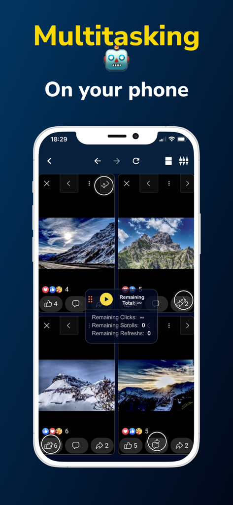 Auto Clicker:Automatic Tap App - Auto Clicker app interface showing multitasking split-screen mode with four windows on an iPhone