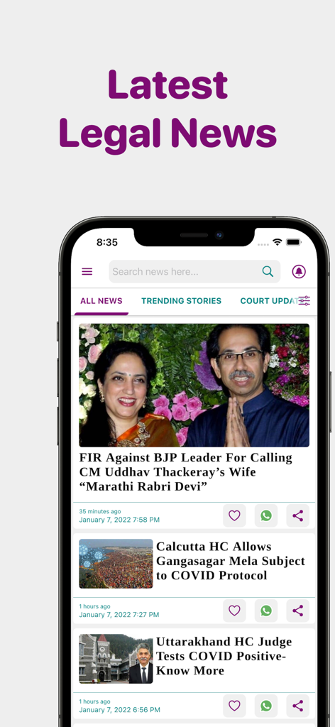 Law Trend mobile app interface showing a feed of the latest legal news and court updates