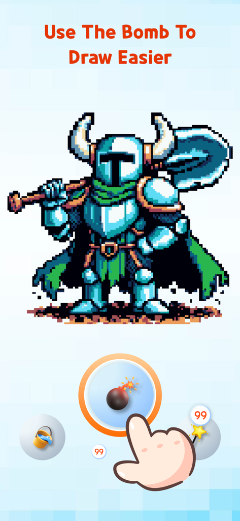 Pixel Art: Paint by Number - Personaggio cavaliere pixel art che viene colorato con uno strumento potenziamento bomba