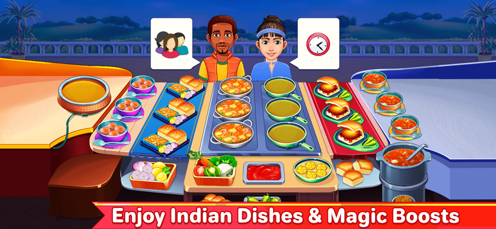 Indian Cooking Madness Games - Gameplay de Indian Cooking Madness mostrando a los clientes esperando platos tradicionales de comida callejera india
