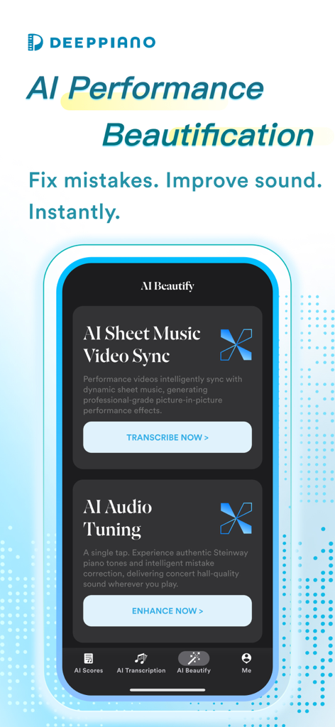 DeepPiano - Sheet Music & AI - DeepPianoアプリのインターフェース。AIオーディオチューニングとパフォーマンス美化機能を強調表示。