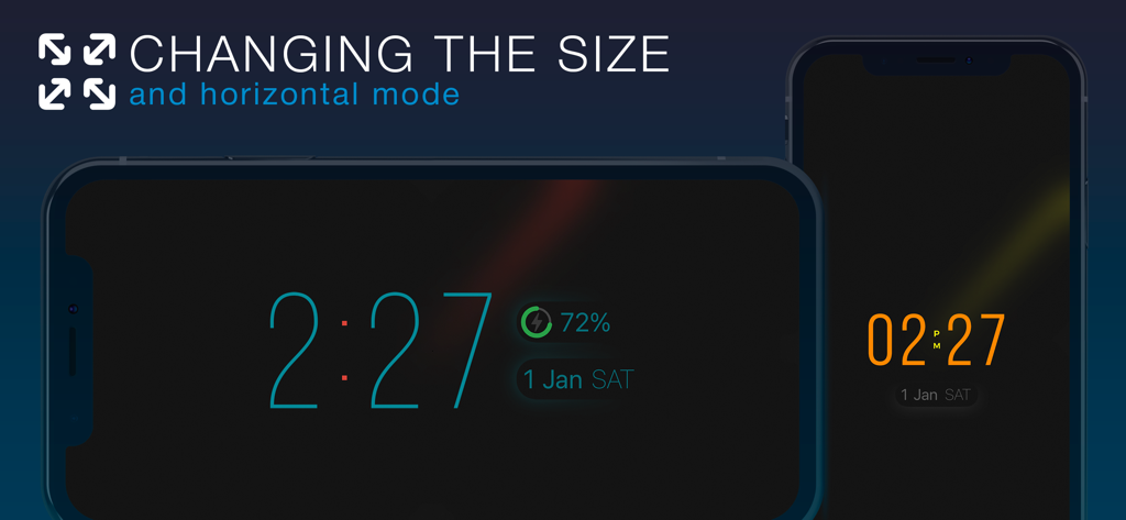 ClockPhone big digital clocks - The ClockPhone app showing digital clock displays in both landscape and portrait orientations with adjustable digit sizes