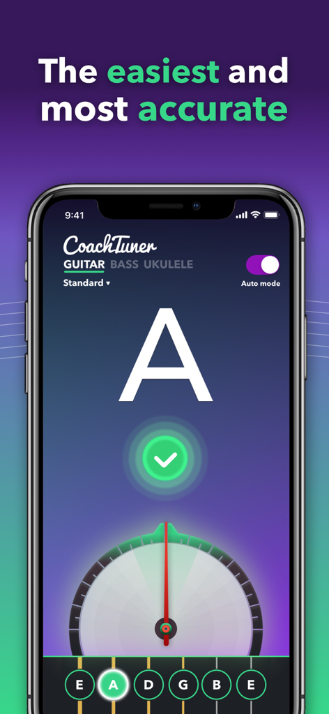 Guitar Tuner Easy tune chords - Interfaz de la aplicación móvil CoachTuner mostrando una guitarra siendo afinada a la nota La con una marca de verificación verde que indica precisión