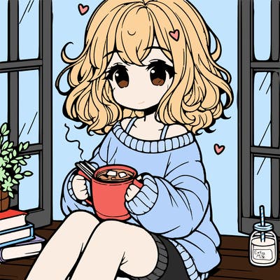 cute anime girl reading book and drinking hot chocolate from mug with loose wavy hair wearing a baggy sweatshirt and shorts sitting by windowsill looking out