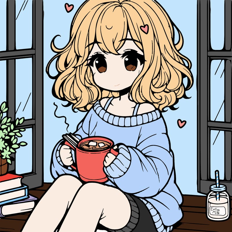 cute anime girl reading book and drinking hot chocolate from mug with loose wavy hair wearing a baggy sweatshirt and shorts sitting by windowsill looking out