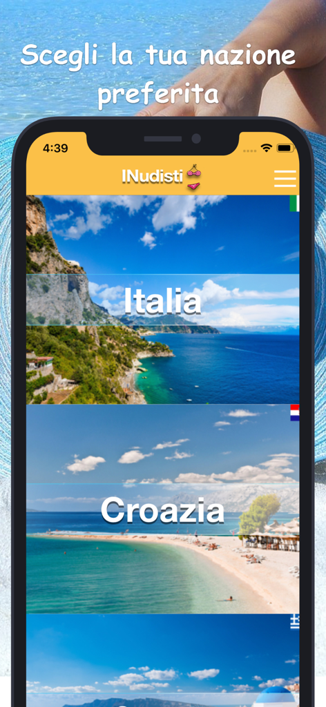 Screenshot dell'app INudisti che mostra un elenco di paesi tra cui Italia e Croazia per trovare spiagge nudiste