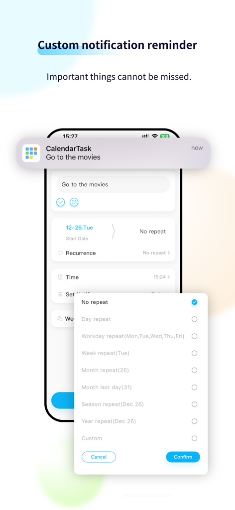 CalendarTask - Efficient life - Interfaz de la aplicación CalendarTask que muestra una notificación personalizada para una película y configuraciones de recurrencia de tareas