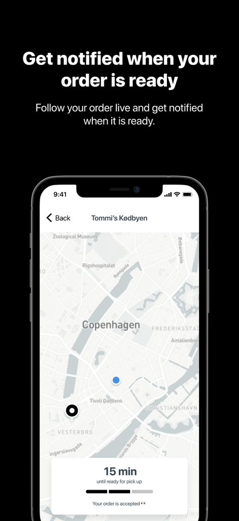 Tommi's Burger Joint - App-Bildschirm zeigt eine Live-Karte von Kopenhagen mit einem 15-Minuten-Countdown für die Bestellabholung.