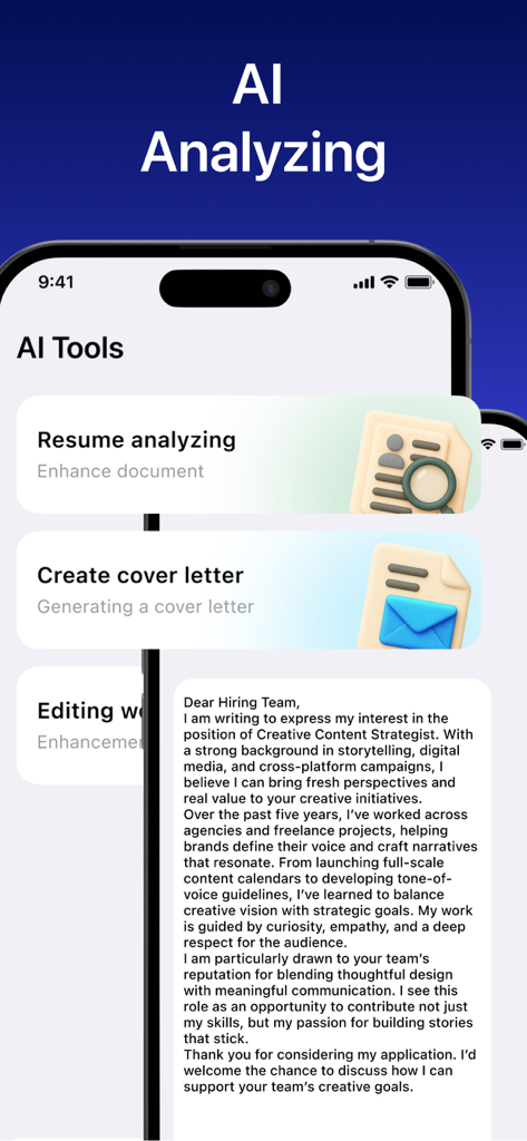 AI Resume Master - CV Builder - Mobile screen displaying AI resume analysis and cover letter generation tools within the app