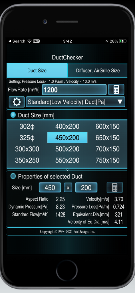 DuctChecker - DuctChecker app interface for calculating HVAC duct dimensions and air flow rate properties.
