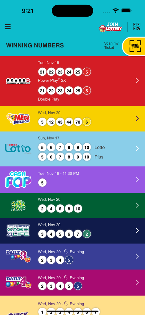 Lista de números vencedores recentes para jogos como Powerball e Mega Millions no aplicativo Hoosier Lottery