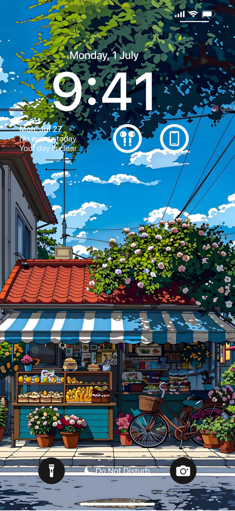 Wallpaper Maker: AI Background - Pantalla de bloqueo de iPhone con un vibrante fondo de pantalla estético de anime de una tienda con detalles florales y cielo azul