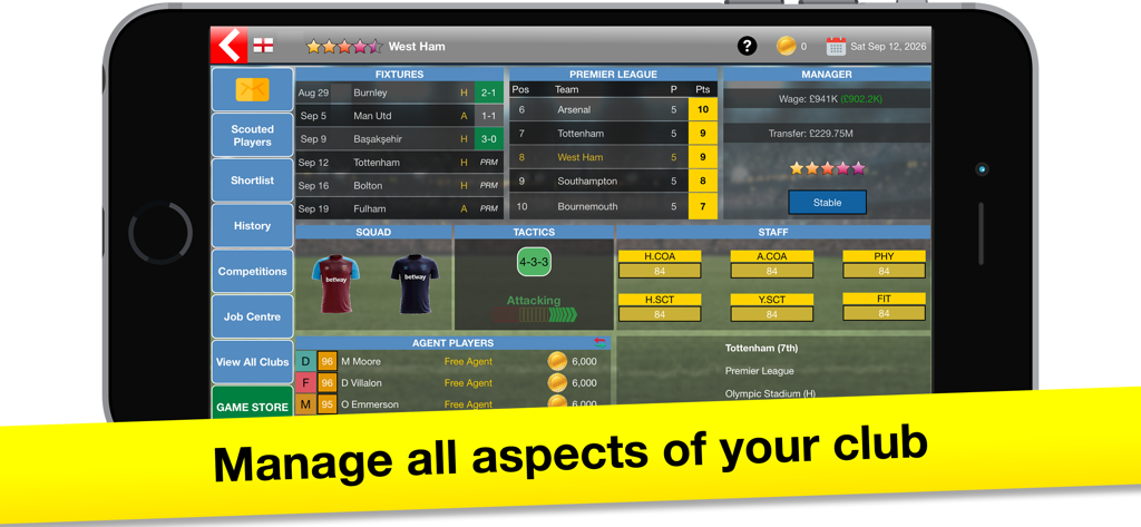 Soccer Boss: Football Game - Panel del juego móvil Soccer Boss mostrando partidos del club, clasificaciones de liga y tácticas del equipo