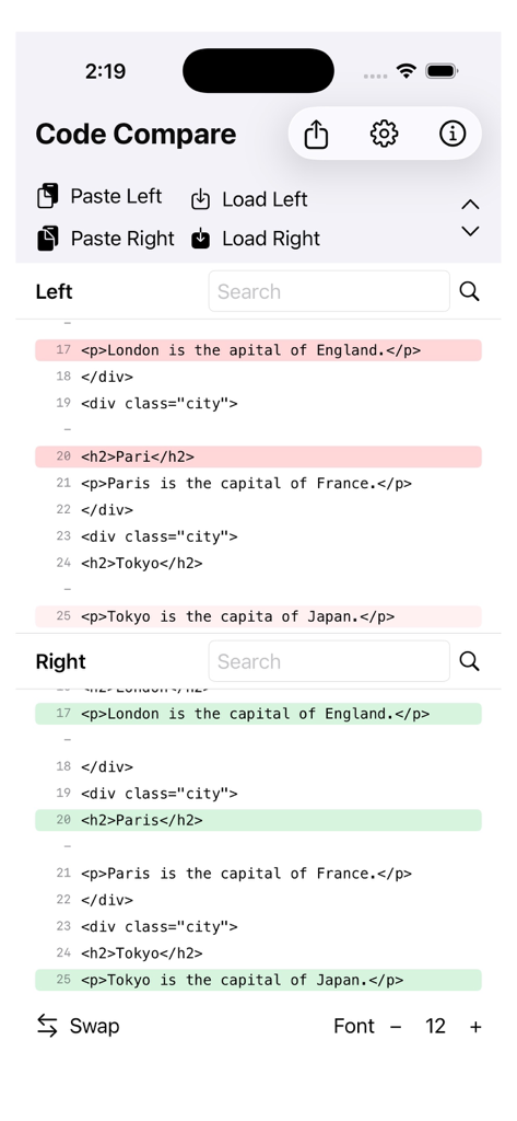 CodeDiff+ - Interface mobile CodeDiff plus montrant une comparaison de code HTML verticale avec des surlignages rouges et verts marquant les différences