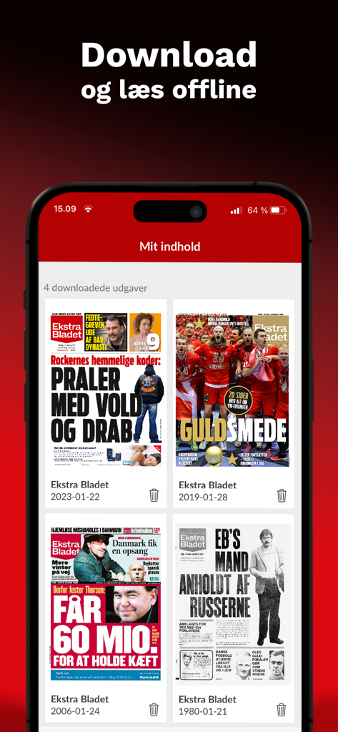 Una pantalla de smartphone que muestra varias ediciones descargadas del periódico Ekstra Bladet para lectura sin conexión