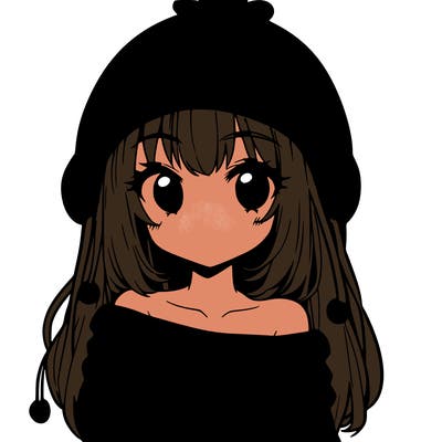 anime girl with chick shaped hat with sweater with bare shoulders with bangs covering them one eye with low tail