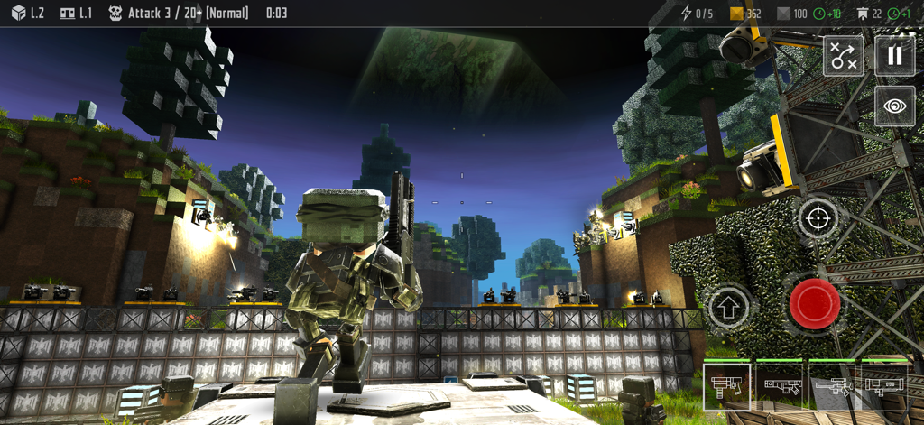 Block Fortress 2 - Third person gameplay of Block Fortress 2 showing a soldier defending a blocky base with turrets