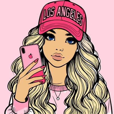 realistic beautiful girl wearing los ángeles cap holding an iphone