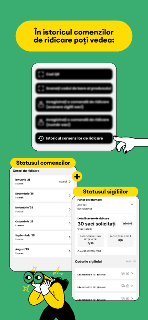 RetuRO for Business - Interfaccia dell'app RetuRO for Business che mostra la cronologia degli ordini di ritiro e lo stato attuale dei sacchi contenitori.