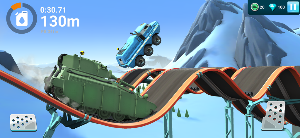 A green tank and a blue truck racing on a wavy track in a snowy mountain environment