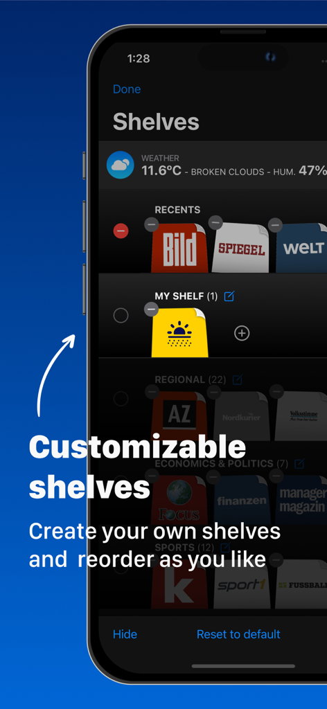 A mobile app screen showing customizable shelves to organize and reorder German news sources and magazines.