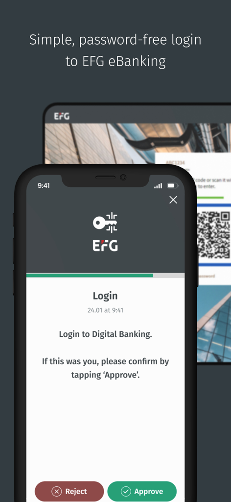 EFG Digital Key - Smartphone screen displaying the EFG Digital Key app with a password-free login approval request