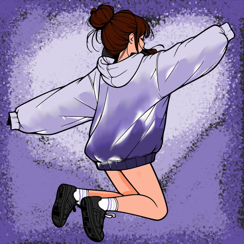 realistic girl jumping with a bun and oversized sweatshirt