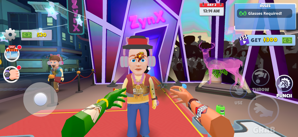 First-person perspective of a bouncer checking a guest at the entrance of a neon-lit nightclub