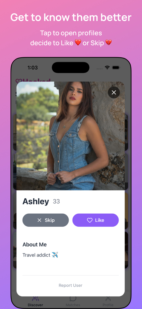 The Hooked App - A user profile view in The Hooked App showing the Like and Skip buttons for a person named Ashley