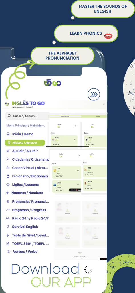 English to Go APP - Interface of the English to Go app featuring alphabet pronunciation lessons and a bilingual menu for Brazilian learners