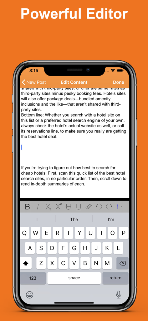 Interfaz de la aplicación Blog for Blogger en iPhone que muestra el potente editor con un borrador de entrada de blog y herramientas de formato de texto