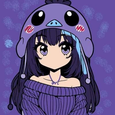 anime girl with chick shaped hat with sweater with bare shoulders with bangs covering them one eye with low tail