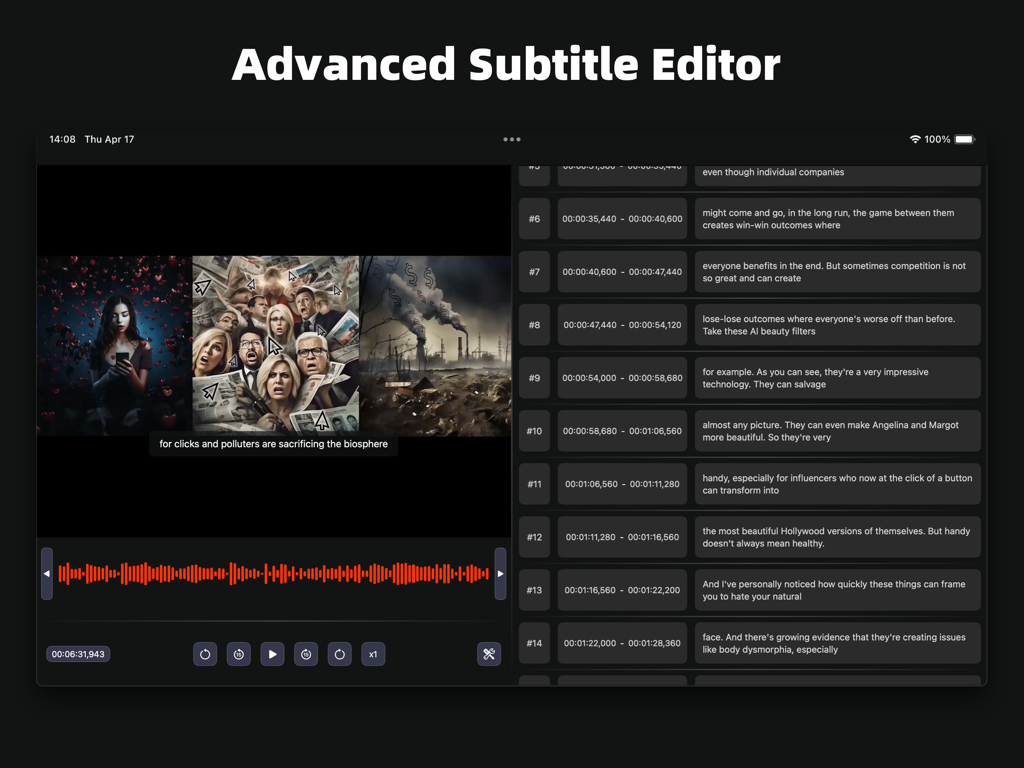 Advanced subtitle editor interface in SubEasy app featuring audio waveforms and synchronized text segments
