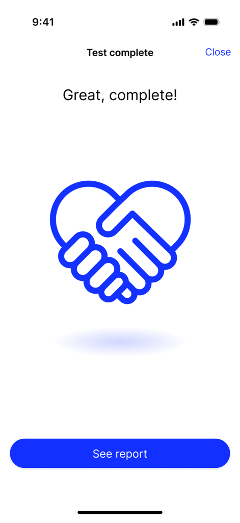 Able Assess - Able Assess app screen displaying a test complete message with a heart shaped handshake icon and a see report button