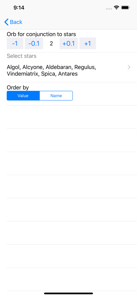Interfaccia delle impostazioni per gli orbi di congiunzione delle stelle fisse e la selezione nell'app Carta Oraria.