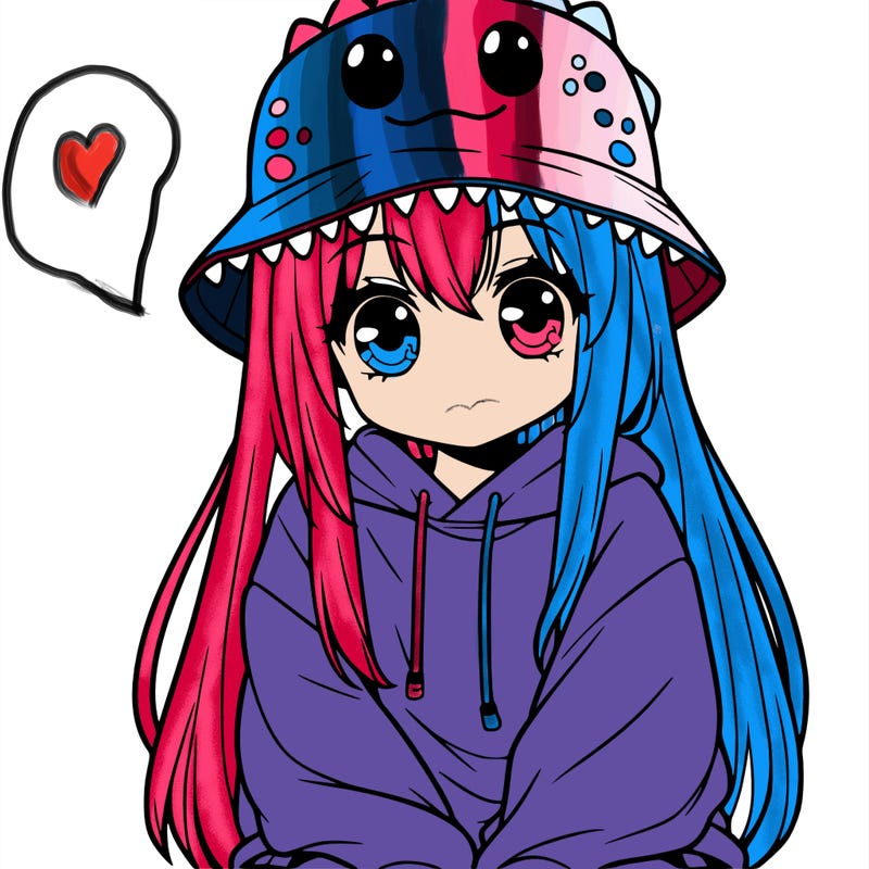 girl with anime shaped eyes with a dinosaur bucket hat oversized sweatshirt long straight hair