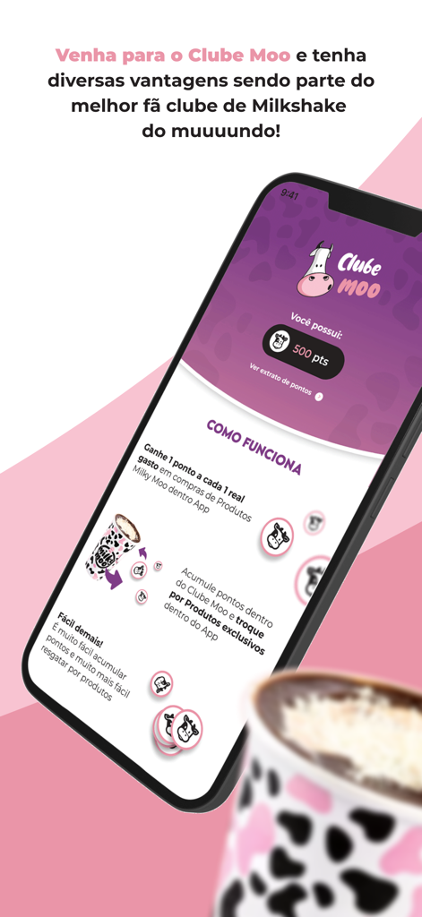 Milky Moo - Milky Moo app screen showing the Clube Moo loyalty rewards program with points balance and instructions on how to earn and redeem prizes.