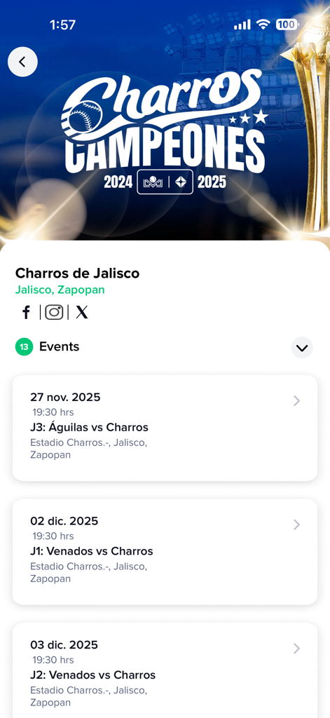 Boletomóvil - Boletomovil app interface displaying a list of upcoming baseball games for Charros de Jalisco