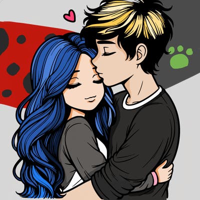 a realistic couple boy and girl hugging and kissing